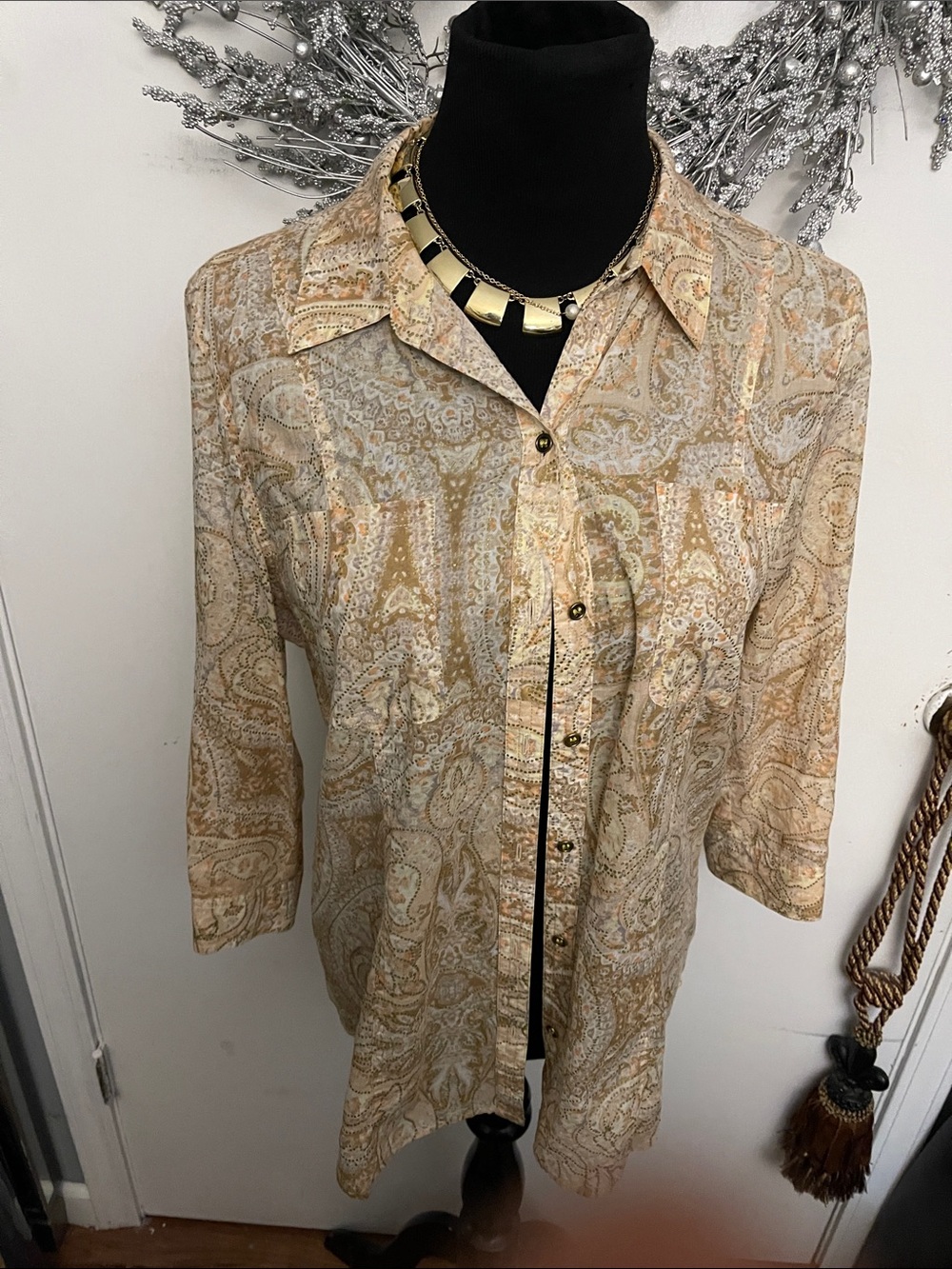 Chico's Beige and Gold Paisley Button-Down Shirt